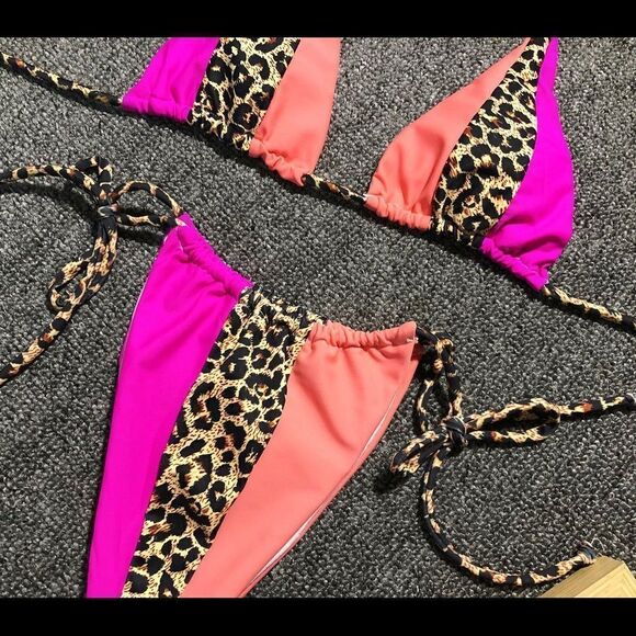 🌟 NWOT Leopard Print Neon Cheeky Thong Bikini Swim - Picture 3 of 4